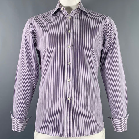 CANALI Size L White Purple Stripe Cotton French Cuff Long Sleeve Shirt