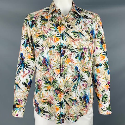 ROBERT GRAHAM Talla L Camisa de manga larga con botones de algodón con estampado multicolor blanco
