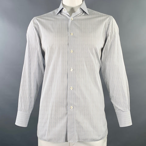 ERMENEGILDO ZEGNA Size L White Blue Brown Stripe Cotton Long Sleeve Shirt