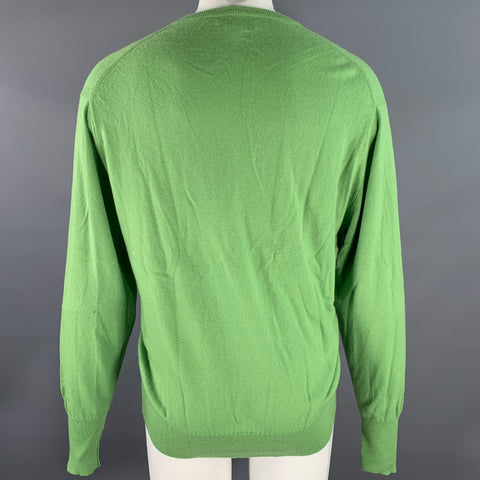 TURNBULL & ASSER Size XL Green Knitted Cashmere V-Neck Sweater
