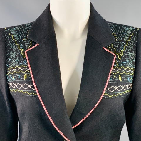 KENZO Size 4 Black Multi Color Wool Embroidered Jacket Blazer