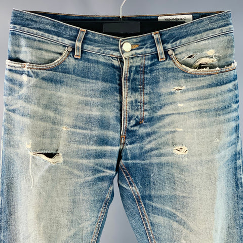 YVES SAINT LAURENT Size 32 Blue Distressed Cotton Slim Straight Button Fly Jeans