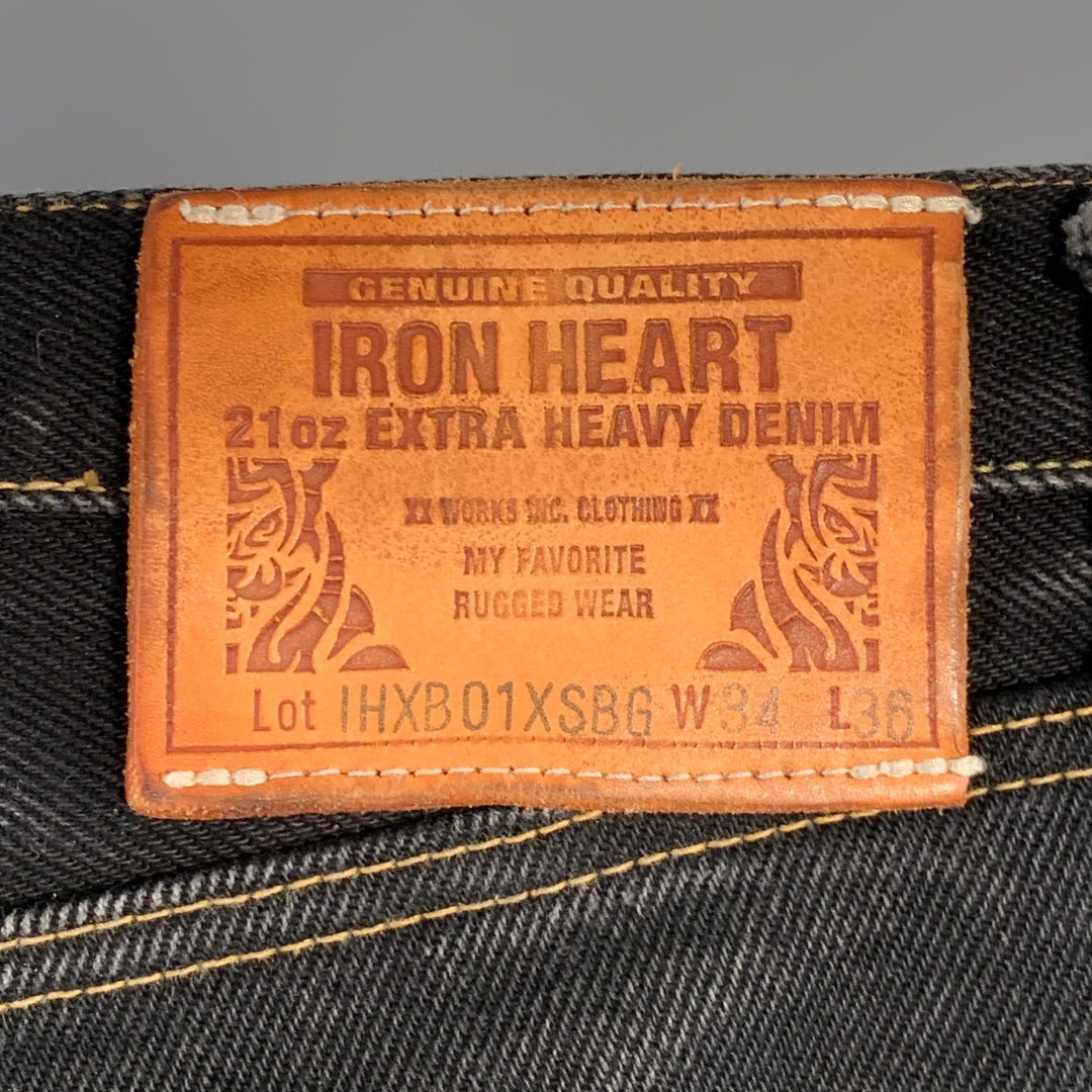 IRON HEART Size 34  Black Contrast Stitch 21oz Cotton Denim Twill Straight Jeans