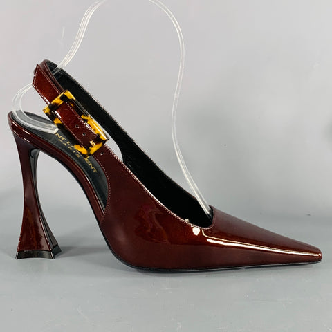 SAINT LAURENT Size 7 Dune Brown Patent Leather Slingback Pumps