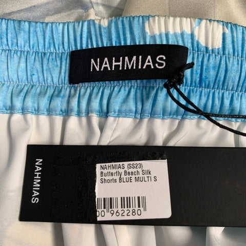 NAHMIAS SS23 Size S Butterfly Beach Blue Beige Print Silk Blend Drawstring Shorts