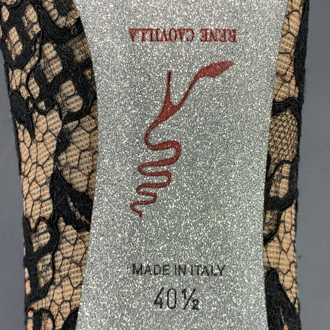 RENE CAOVILLA Size 10.5 Brown Black Lace Rhinestones Pointed Toe Stiletto Pumps