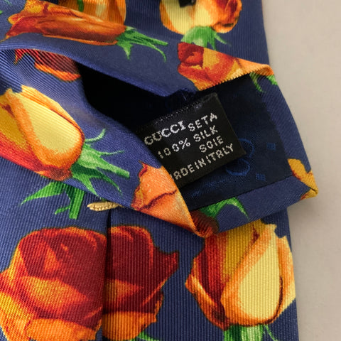 GUCCI Navy Orange Floral Silk Tie