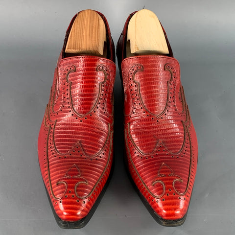 JOHN FLUEVOG Size 9 Red Lizard Embossed Leather Wingtip Chunky Heeled Loafers