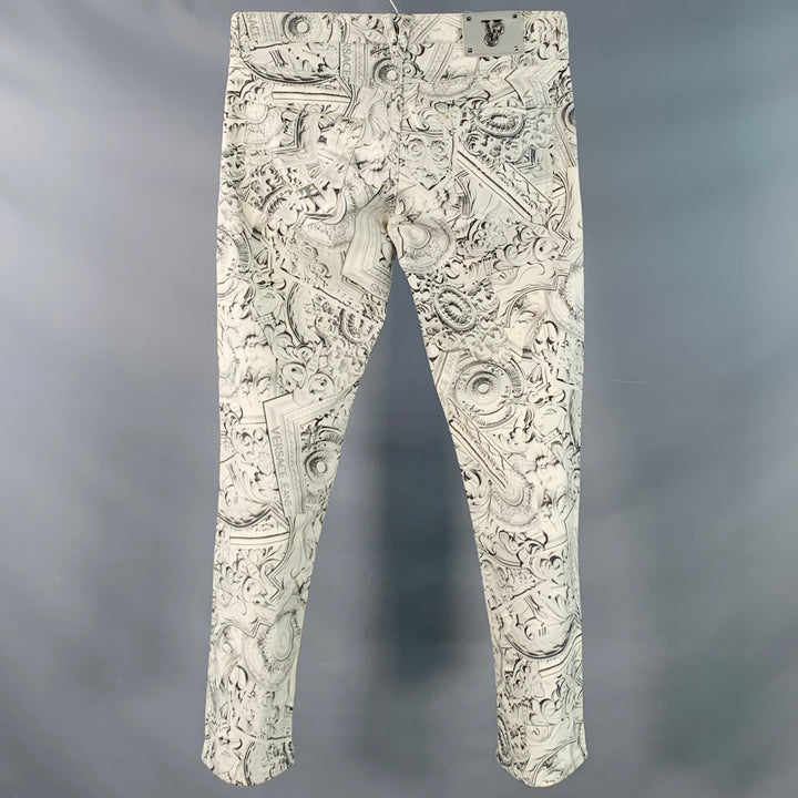 VERSACE JEANS Size 30 White Grey Logo Print Cotton Blend Slim Tapered Jeans