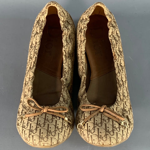 CHRISTIAN DIOR Size 9.5 Tan Brown Canvas Oblique Monogram Slip On Bow Flats