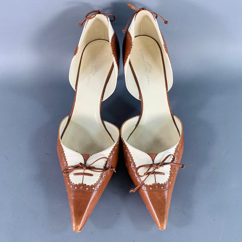 ALEXANDRA NEEL Size 7 Brown Cream Perforated Pointed Toe D'Orsay Kitten Heel Pumps
