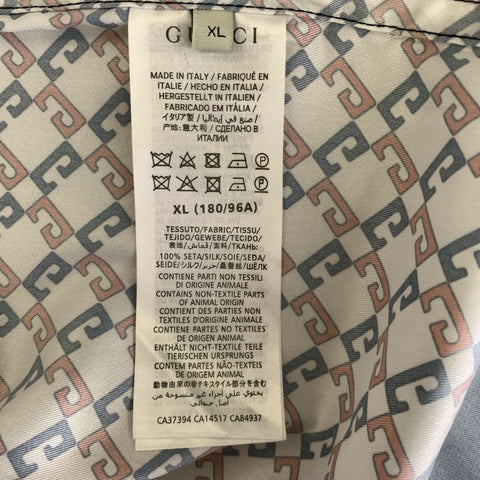 GUCCI Size 38 White Navy & Red Monogram Silk Camp Short Sleeve Shirt