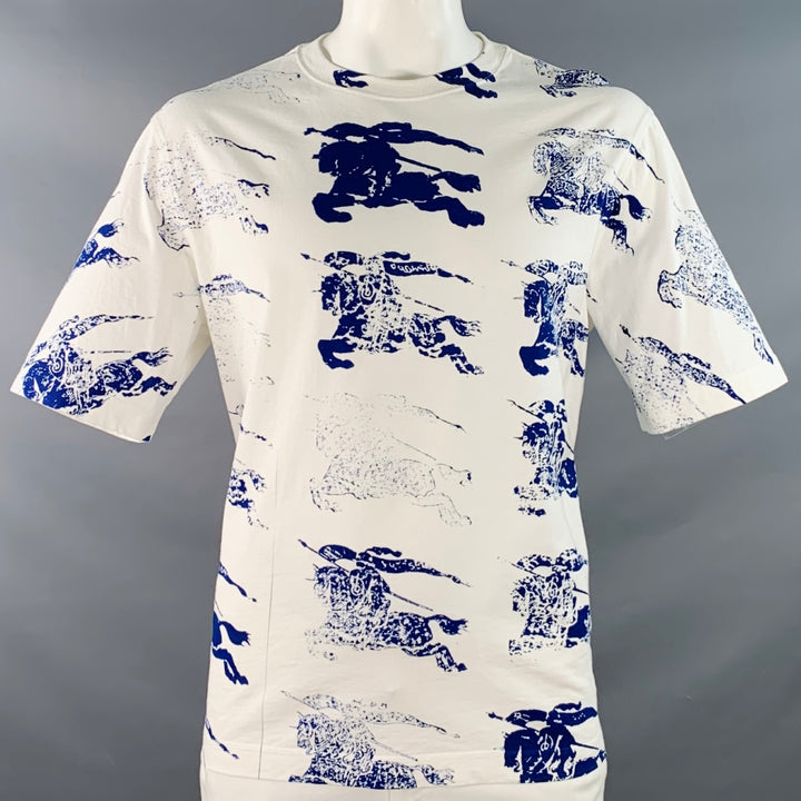 BURBERRY Size L White Blue Logo Print Cotton Blend Short Sleeve T-shirt