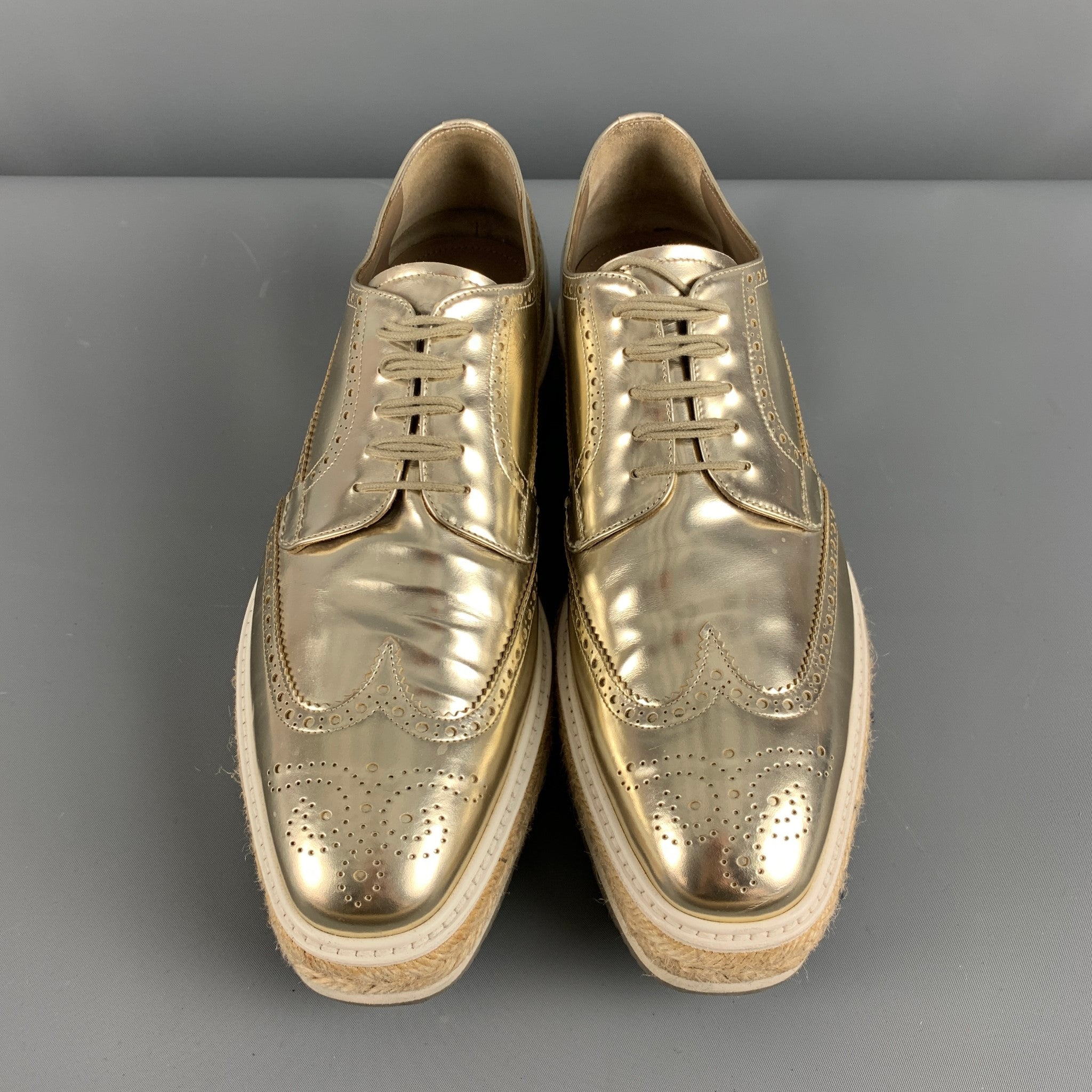 PRADA Size 10 Gold Perforated Leather Platform Lace-Up Shoes – Sui