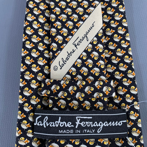 SALVATORE FERRAGAMO Black Yellow Birds Silk Tie