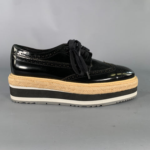 PRADA Size 7 Black White Leather Patent Spectator Laces
