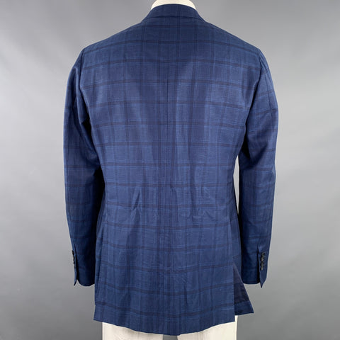 SARTORIO Veste de sport croisée en laine et lin à carreaux bleu et noir, taille 44