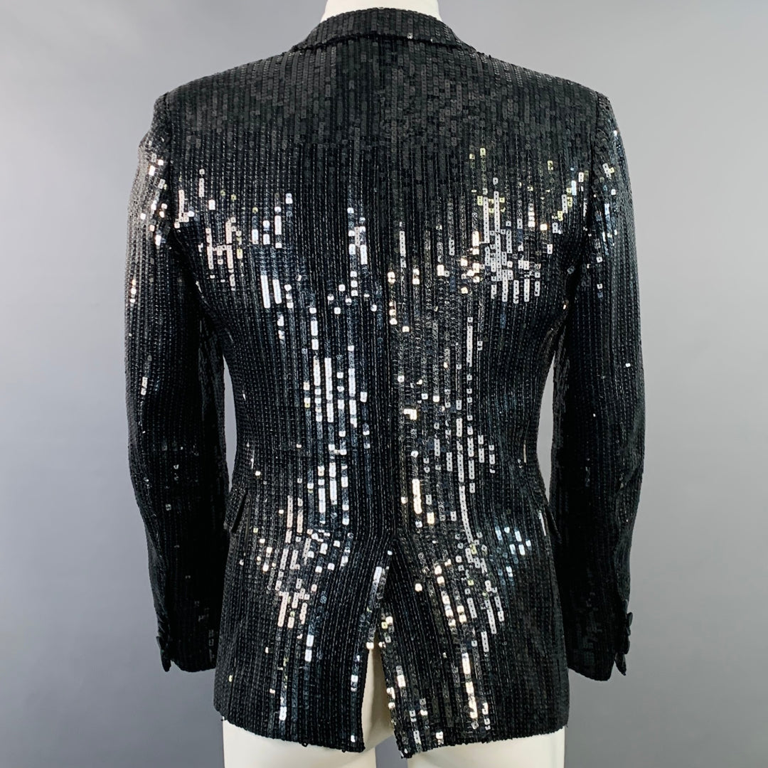 SAINT LAURENT Size 40 Black Polyester Blend Sequined Peak Lapel Sport Coat