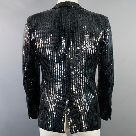 SAINT LAURENT Size 40 Black Polyester Blend Sequined Peak Lapel Sport Coat