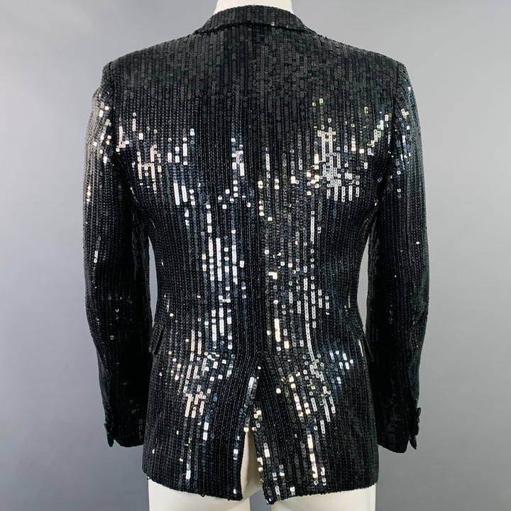 SAINT LAURENT Size 40 Black Polyester Blend Sequined Peak Lapel Sport Coat