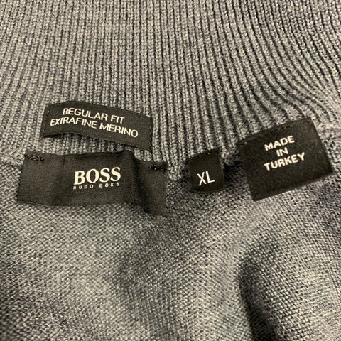 HUGO BOSS Size XL Grey Knit Merino Wool Zip Up Cardigan