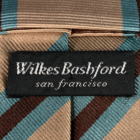 WILKES BASHFORD Tan Brown Blue Diagonal Stripe Silk Twill Tie