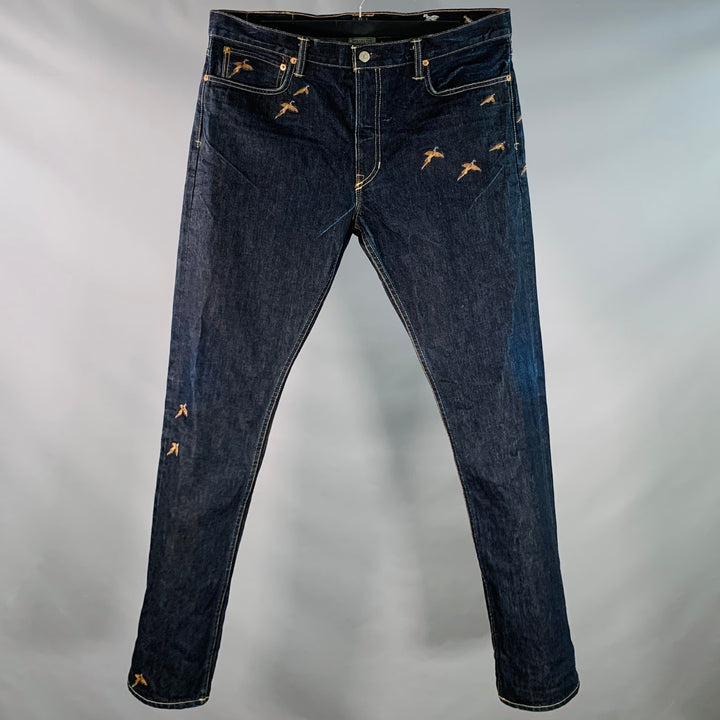 RRL by RALPH LAUREN Size 36 Indigo Cotton Selvedge Twill Straight Embroidered Birds Jeans