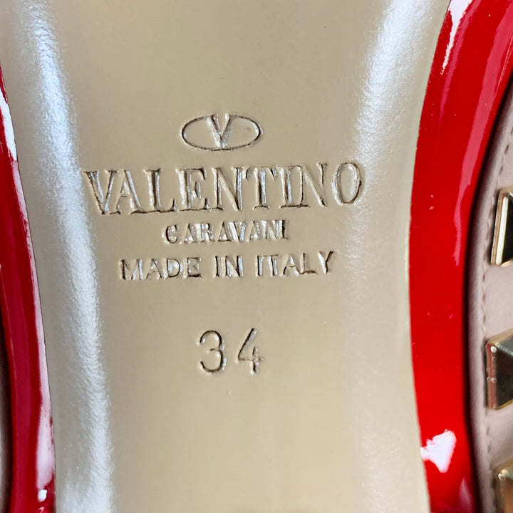 VALENTINO Size 4 Rockstud Red Nude Gold Studded T- Strap Pumps