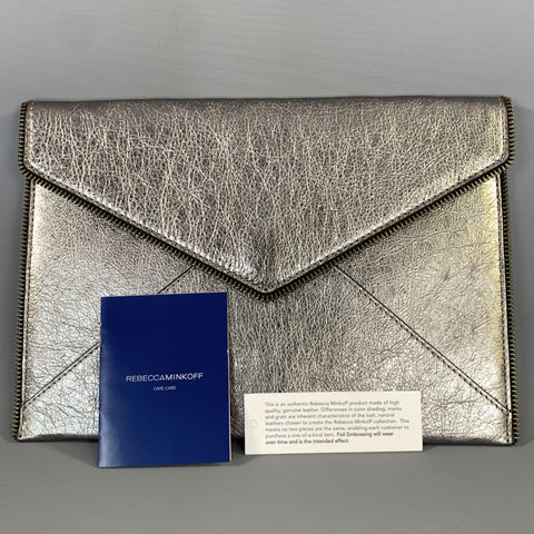 REBECCA MINKOFF SS2016 Silver Metallic Leather Envelope Clutch