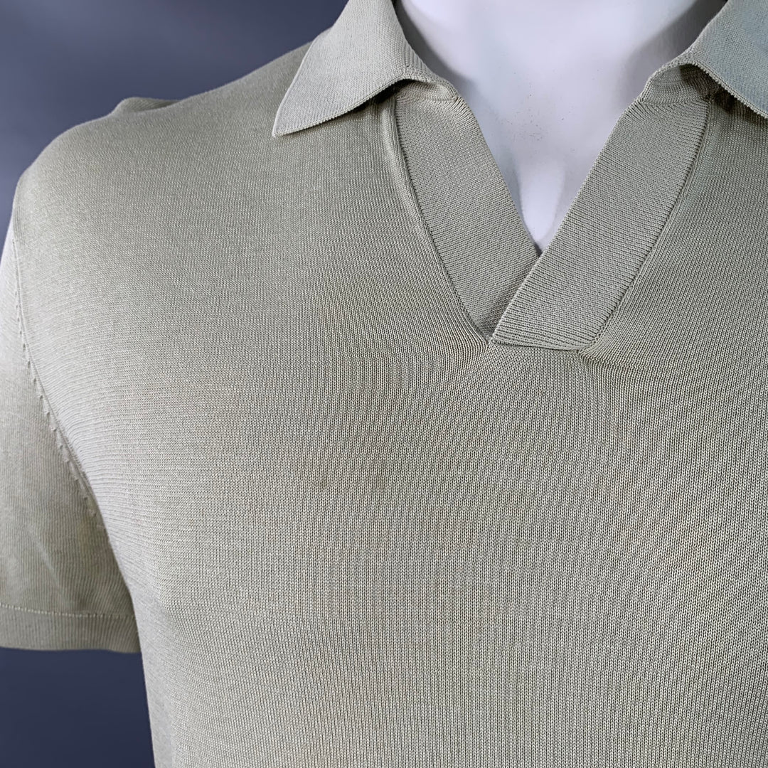 SUITSUPPLY Size L Green Sage Cotton Silk Half Placket Open Collar Polo