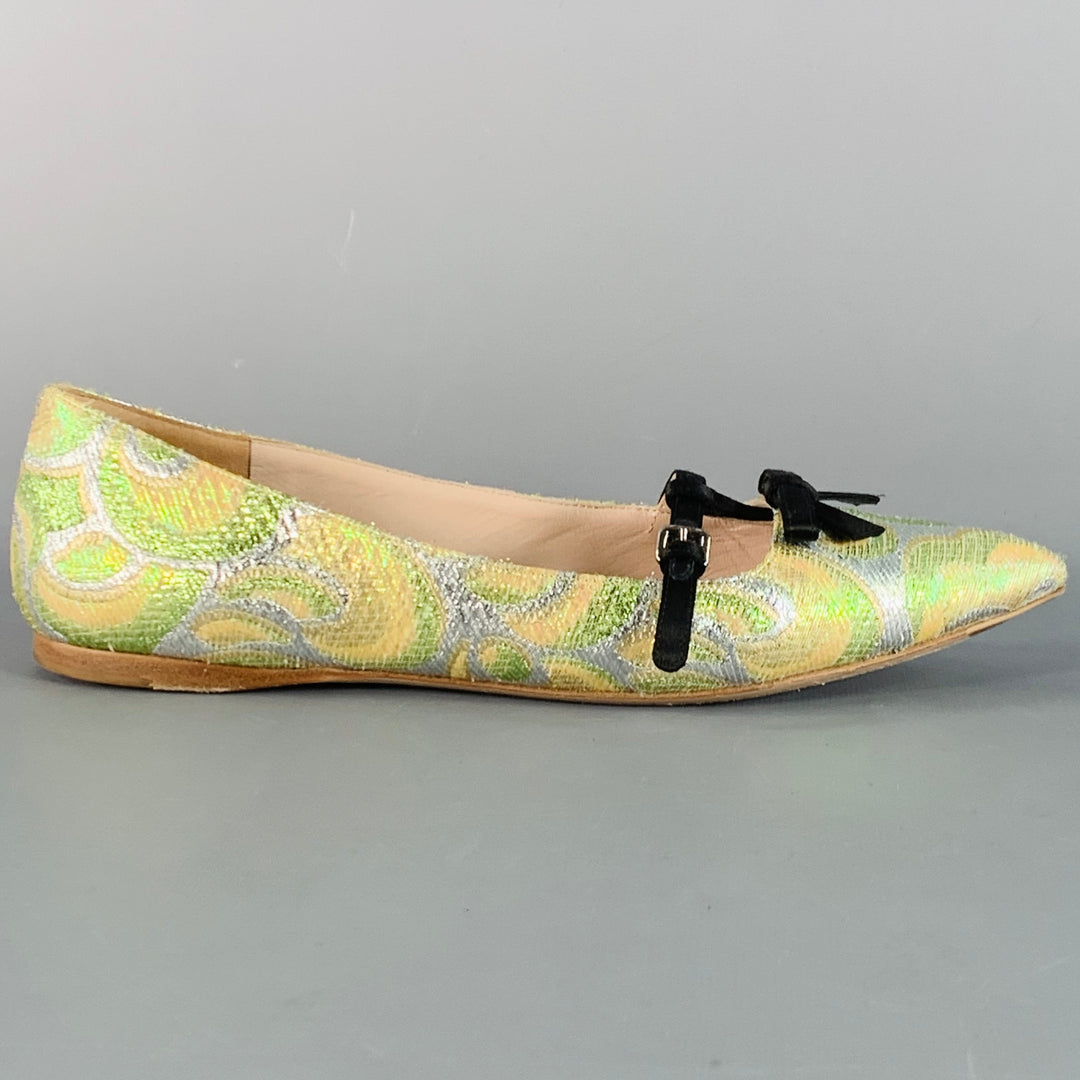 MIU MIU Size 8.5 Green Silver Paisley Textured Pointed Toe Bow Flats