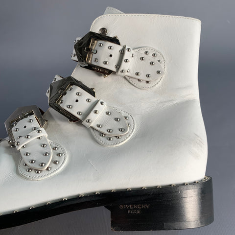 GIVENCHY Size 8 White Studded Leather Belted Boots