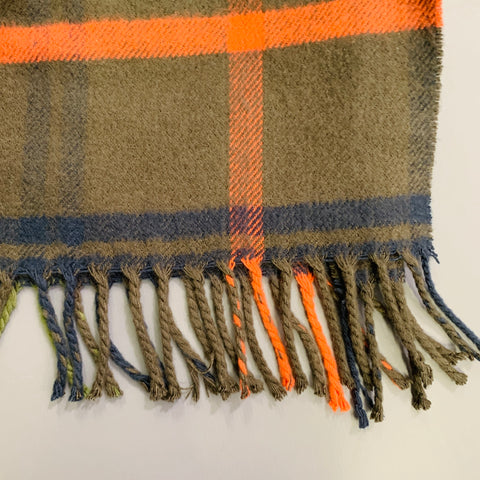 VINTAGE Green Orange Plaid Cashmere Fringe Scarf
