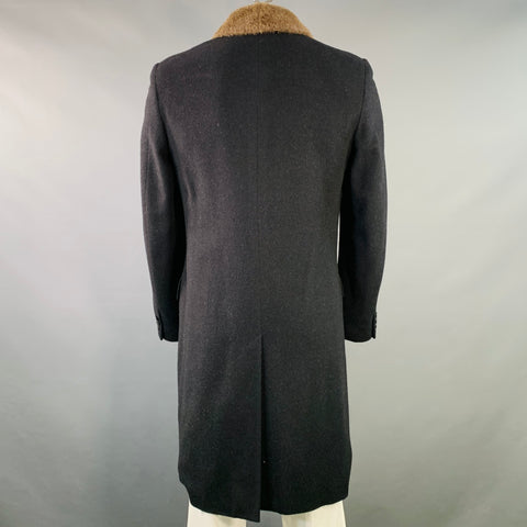 NEIMAN MARCUS Vintage Size L Black Taupe Wool Fur Peak Lapel Double Breasted Coat