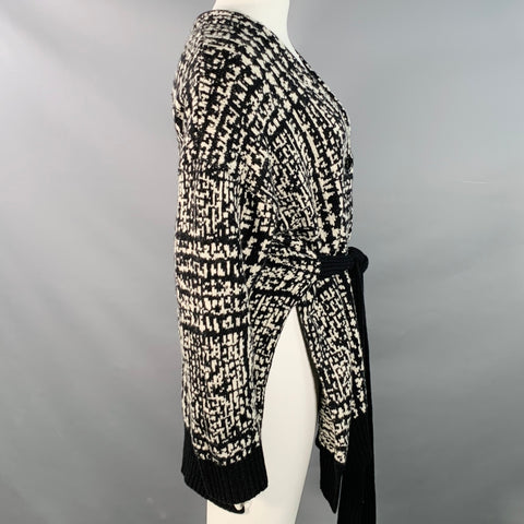 PROENZA SCHOULER Size L Black White Wool Geometric Knit V-Neck Tie Coat