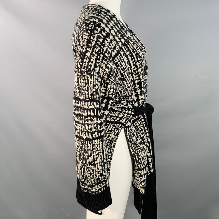 PROENZA SCHOULER Size L Black White Wool Geometric Knit V-Neck Tie Coat