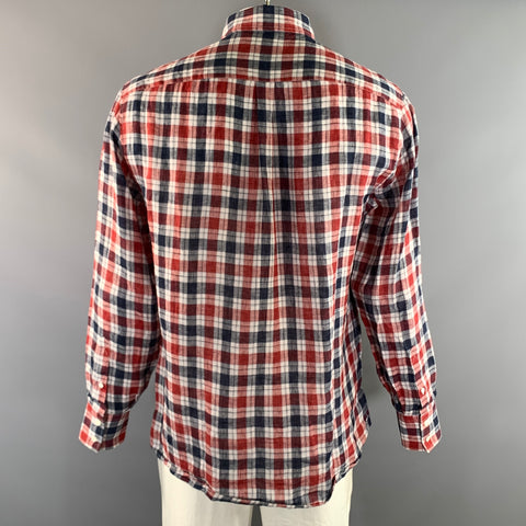 BRUNELLO CUCINELLI Size XL Red White & Blue Plaid Linen Long Sleeve Shirt
