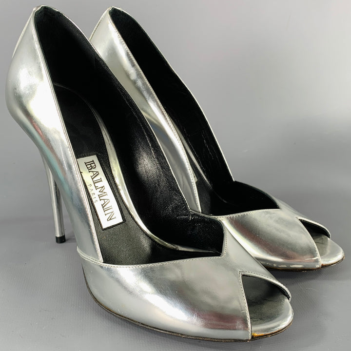 BALMAIN Size 6 Silver Patent Leather Peep Toe Heels Pumps