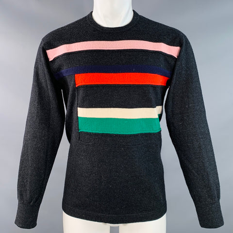 COMME des GARCONS HOMME Vintage Size M Charcoal Grey Multi Color Stripe Wool Crew Neck Sweater
