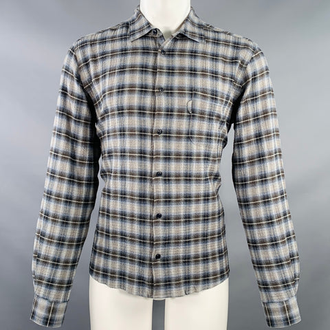 YMC Size M Curtis Grey Brown Plaid Cotton Cashmere Blend One Pocket Long Sleeve Shirt