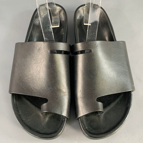 RICK OWENS Size 10 Black Leather Toe Ring Slide Sandals
