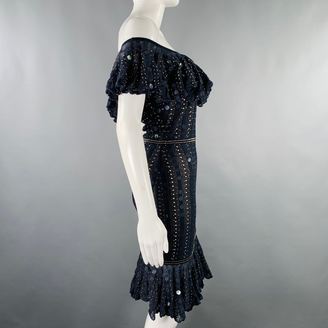 ZAC POSEN Size XS -Starry Night Tango- Navy Gold Silk Blend Payettes Ruffle Dress