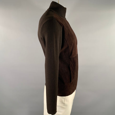 JIL SANDER Size M Brown Leather Wool Zip Up Sweater