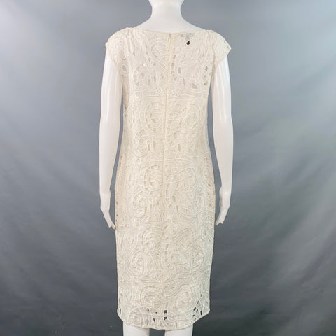 Robe droite sans manches en soie et dentelle écrue à col bateau, taille 6, ESCADA