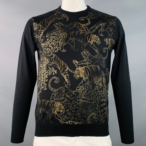 VERSACE JEANS Size L Black Gold Tiger Cotton Print Studded Crew Neck Sweater