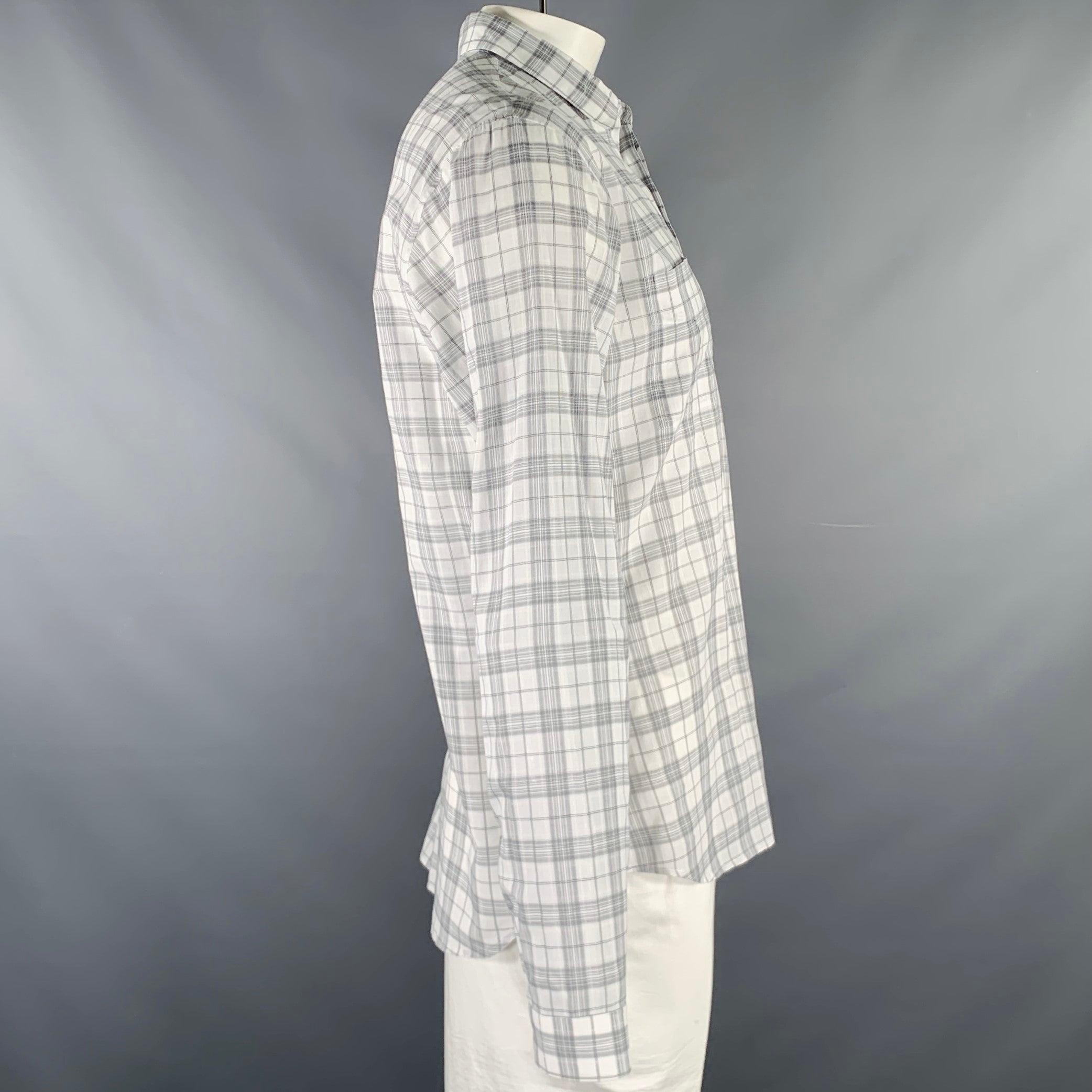 DIOR HOMME Size L White Grey Plaid Cotton Button Up Long
