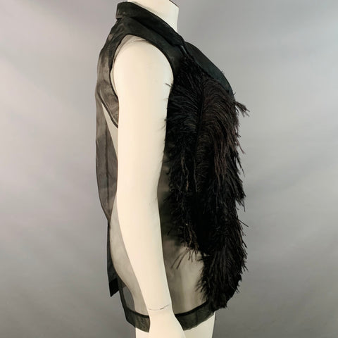 VERA WANG Size L Black Mesh Ostrich Feathers Snaps Vest