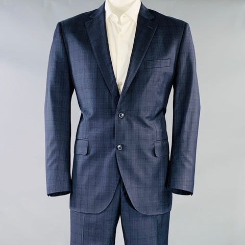 PETER MILLAR Size 44 Regular Navy Blue Window Pane Wool Notch Lapel Suit