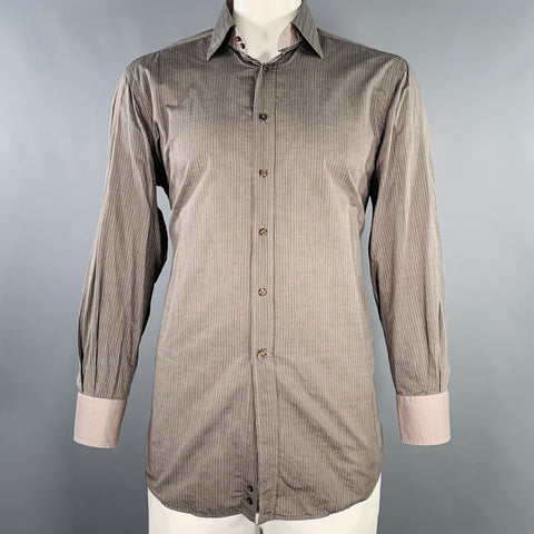 ETRO Size 44 Grey Charcoal Stripe Cotton Curved Cutaway Long Sleeve Shirt