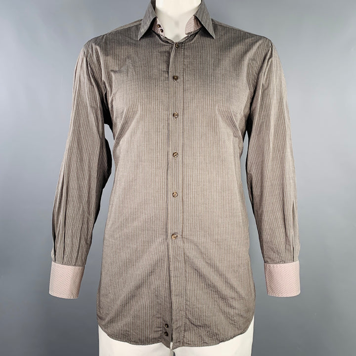 ETRO Size 44 Grey Charcoal Stripe Cotton Curved Cutaway Long Sleeve Shirt